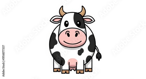 A cute cartoon illustration of a black and white dairy cow standing facing forward with a friendly smile.