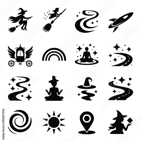 Black Silhouette Vector Icons Set Witchcraft and Meditation
