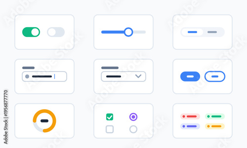 Modern minimal user interface component kit featuring toggle switches sliders circular loaders checkboxes radio buttons progress indicators and navigation