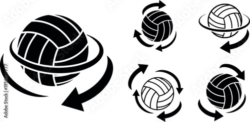 Volleyballs in motion with rotating arrows indicating dynamic movement and spin