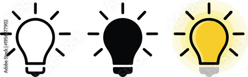 Three light bulb in different states of illumination black white yellow gray