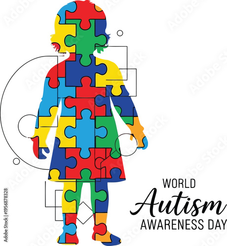 World Autism Awareness Day Illustration Featuring Colorful Puzzle Piece Silhouette of a Little Girl Child