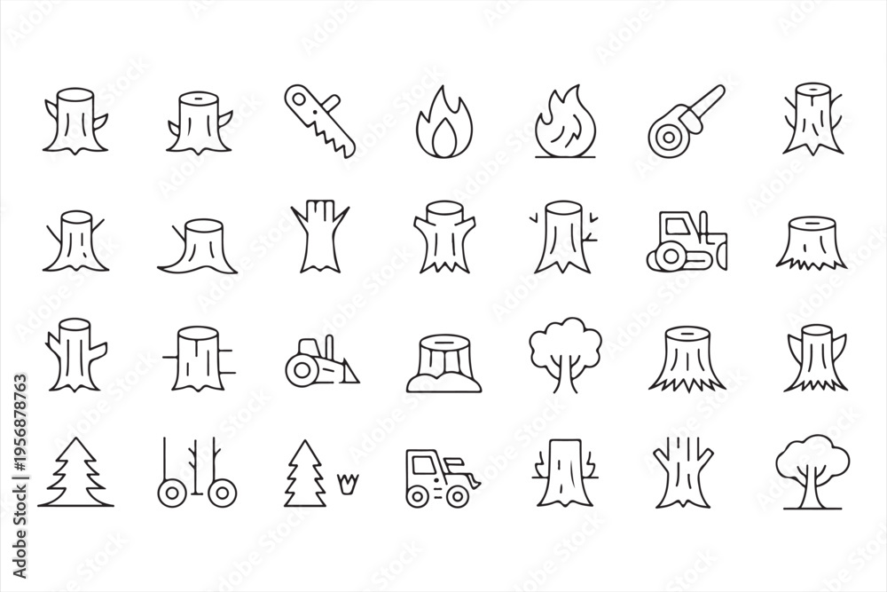 Fototapeta premium Timber Industry Line Icon Set with Tree Stumps and Lumber Production Symbols