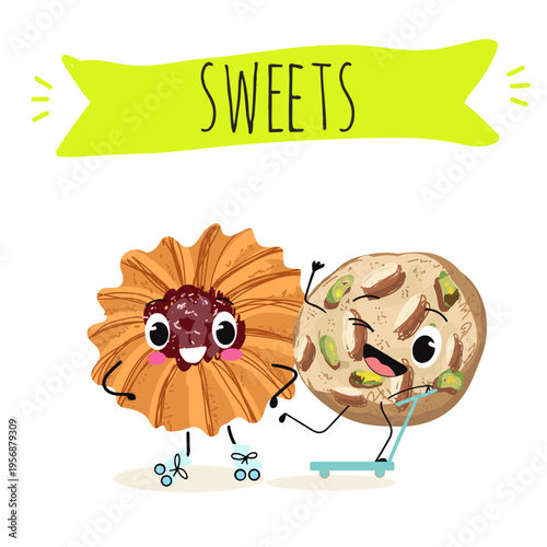 Funny Characters Kurabiye, Kurabie, Ghorayeba, Qurabiya, dessert, hand drawn vector illustration.