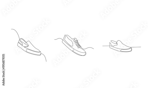 Continuous line drawing of three different casual shoes: slip-on, lace-up sneaker, and modern footwear illustration.