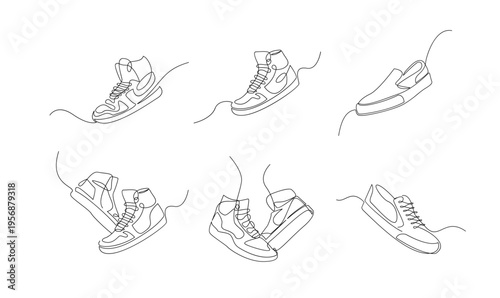 Minimalist Continuous Line Art Collection of Diverse Sneakers and Casual Shoes