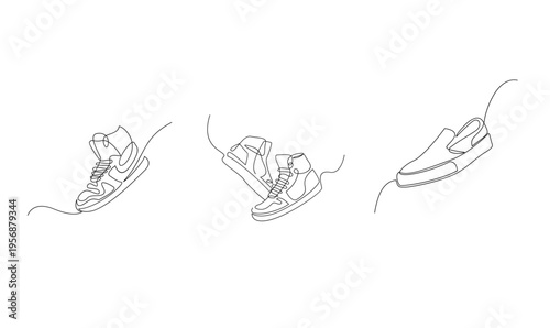 One Line Art Drawing of Modern Sneakers and Casual Slip-On Shoe. Minimalist footwear fashion illustration.