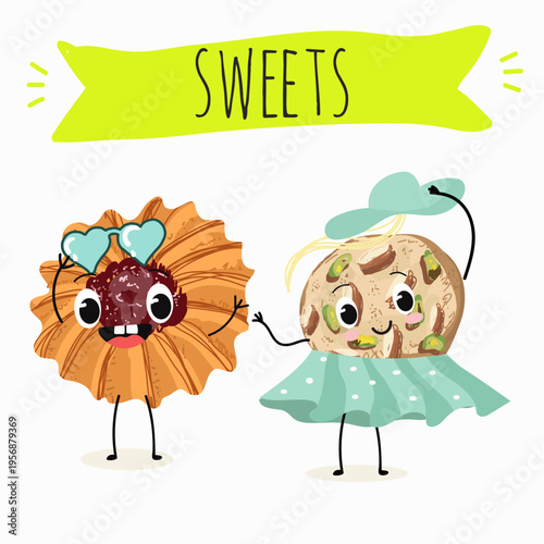 Funny Characters Kurabiye, Kurabie, Ghorayeba, Qurabiya, dessert, hand drawn vector illustration.