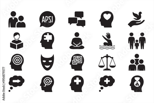 Mental Health and Psychology Icon Set with Therapy and Mind Symbols