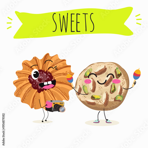 Funny Characters Kurabiye, Kurabie, Ghorayeba, Qurabiya, dessert, hand drawn vector illustration.