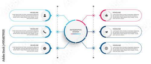 A modern infographic design template with a central circle and six connected sections for presenting information in a clear and organized manner.