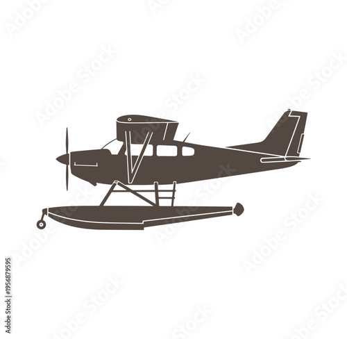 Brown sea plane flying over water with pontoons and propeller on white background