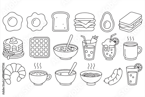 Breakfast Menu Vector Icons with Coffee, Smoothie and Pancake Elements