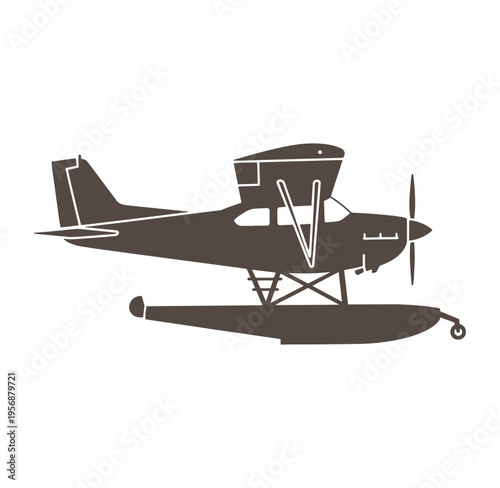 Brown seaplane on pontoons with propeller and single wheel