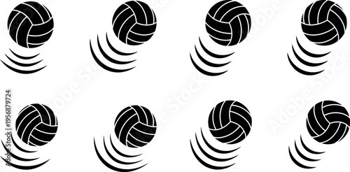 Eight black and white illustrations of volleyballs in motion on a plain white background with dynamic shadow effects