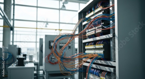Electrical panel wiring in industrial control system cabinet.