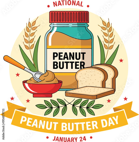 National Peanut Butter Day Celebration Graphic Featuring Jar Bread Spoon And Wheat Vector Illustration Design