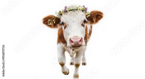 A cute brown and white calf wearing a delicate flower wreath on its head, looking directly at the viewer against a clean white background.