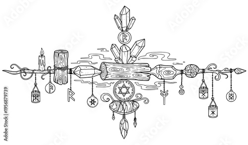 Mystical Forest Totem Premium Fantasy Black and White Vector Illustration