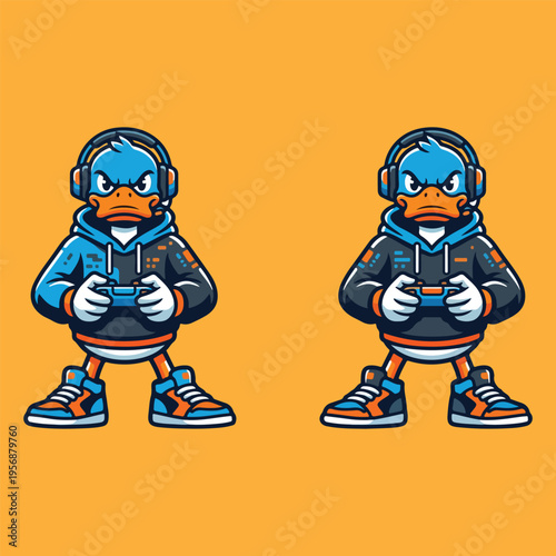 Cartoon Gamer Duck Character with Controller