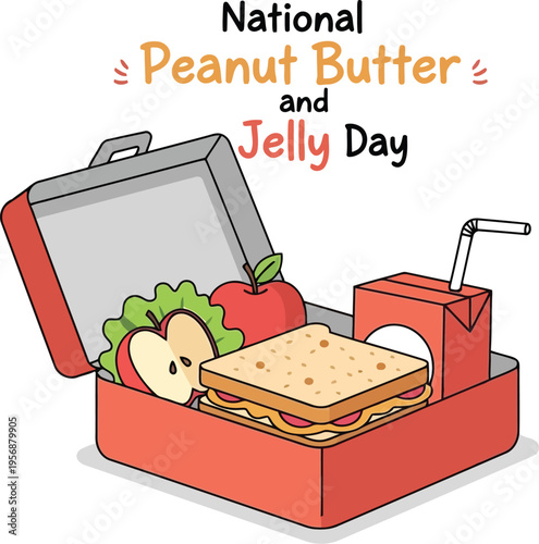 National Peanut Butter and Jelly Day celebration card with a lunch box and sandwich illustration