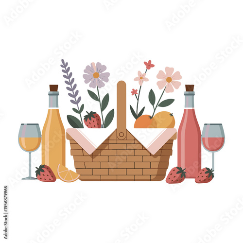 A delightful picnic scene, featuring refreshing wine, delectable fruits, and a charming basket.