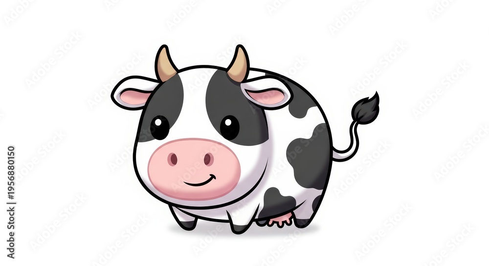 Fototapeta premium A charming and cute cartoon illustration of a black and white dairy cow with a friendly expression on a plain background.