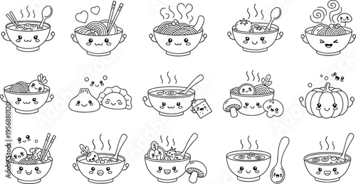 Cute Kawaii Soup Bowl Illustration Set with Smiling Vegetables, Noodles, Pumpkin, Spoon, and Cozy Hand Drawn Food Characters