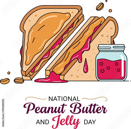 National Peanut Butter and Jelly Day celebration card with sandwich illustration and fruit jam jar