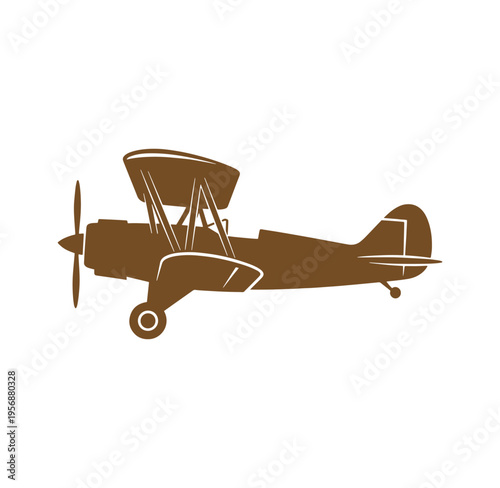Brown vintage biplane aircraft with propeller and wheels on white background