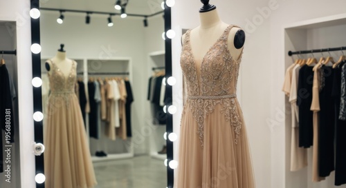 Elegant dress on mannequin in boutique fitting room.