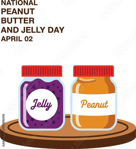 National Peanut Butter and Jelly Day Illustration with Food Jars on Wooden Serving Board