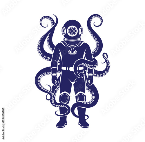 Dark blue scuba diver with a deep sea diving suit standing with tentacles  ocean explorer in vintage diving gear