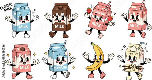 Cartoon Milk Carton Character Set with Chocolate, Strawberry, Banana, and Classic Flavors for Fun, Playful Illustrations and Graphics