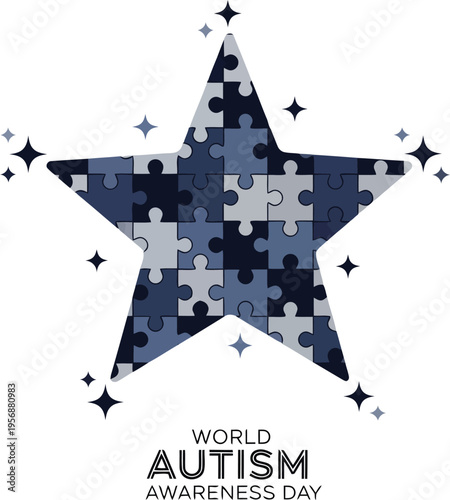 World Autism Awareness Day Star Symbol Made Of Blue Puzzle Pieces On White Background
