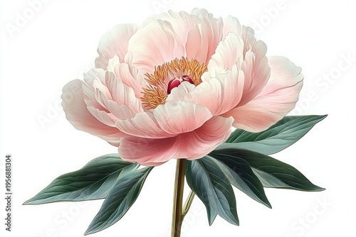 Single pale pink peony bloom with ruffled petals, golden yellow stamens and deep green leaves on a white background, evoking delicate serenity