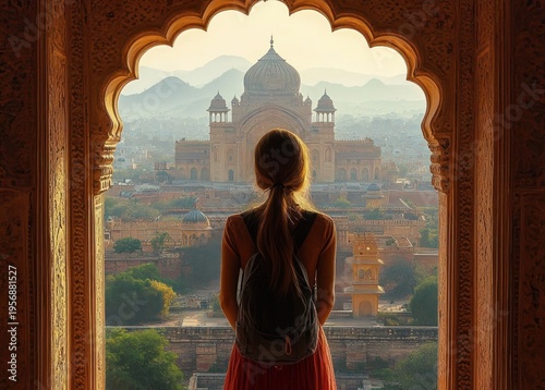 young traveler with backpack standing in an ornate carved archway, gazing at a domed historic monument and sunlit cityscape with misty hills, feeling contemplative and awestruck