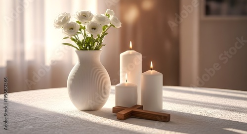 Serene still life with white flowers and candles on a table by the window