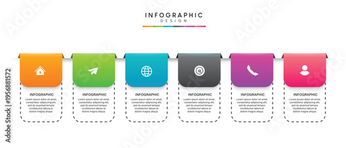 A colorful infographic template with six icons and text placeholders for design and presentation purposes