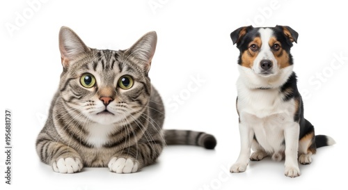A tabby cat lying down next to a small dog sitting, both isolated on a white background, looking towards the camera.