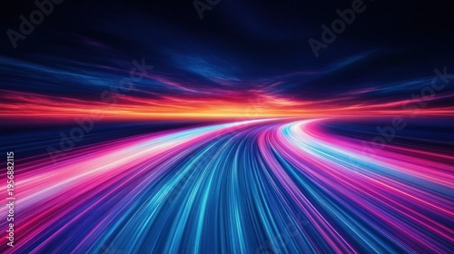 curving neon light highway leading to a glowing sunset horizon, dynamic futuristic motion and vibrant colorful streaks