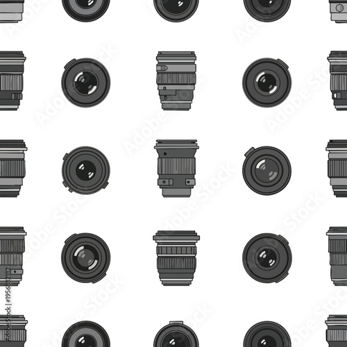 A repetitive pattern of camera lenses, both frontal and side views, in grayscale