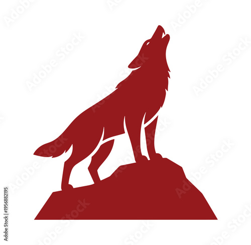 red silhouette of a wolf howling on a rock formation