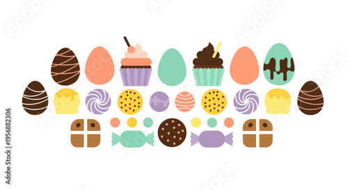 Set of Easter Sweets and Treats Icons in Flat Style - Chocolate Eggs, Cupcakes, Cookies, and Candies on White Background