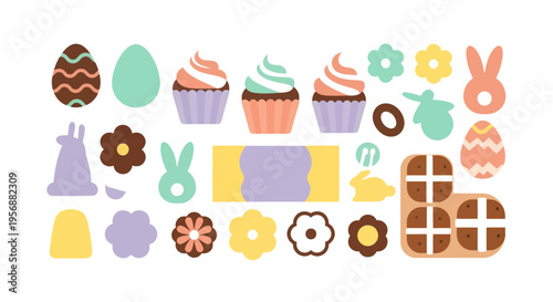 Easter sweets and spring icons set with cupcakes, hot cross buns, and chocolate eggs