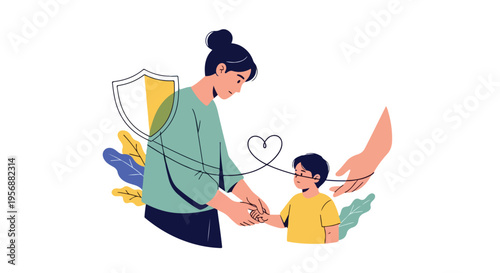 A cartoon illustration of a mother and child with a heart and shield, symbolizing protection and love on a white background with colorful accents, representing International Day