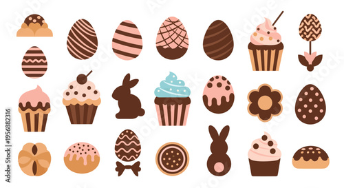 Chocolate Easter eggs and sweet treats set with bunny silhouettes and cupcakes