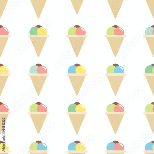 Repeating pattern of pastel ice cream cones with three scoops