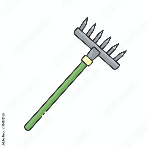 A simple illustration of a hand rake with a green handle and silver tines