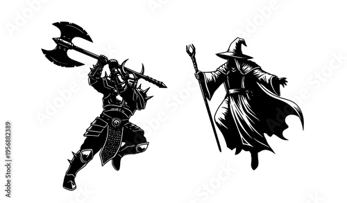 Dramatic fantasy warrior and mage silhouette vector with weapons and armor for RPG illustration